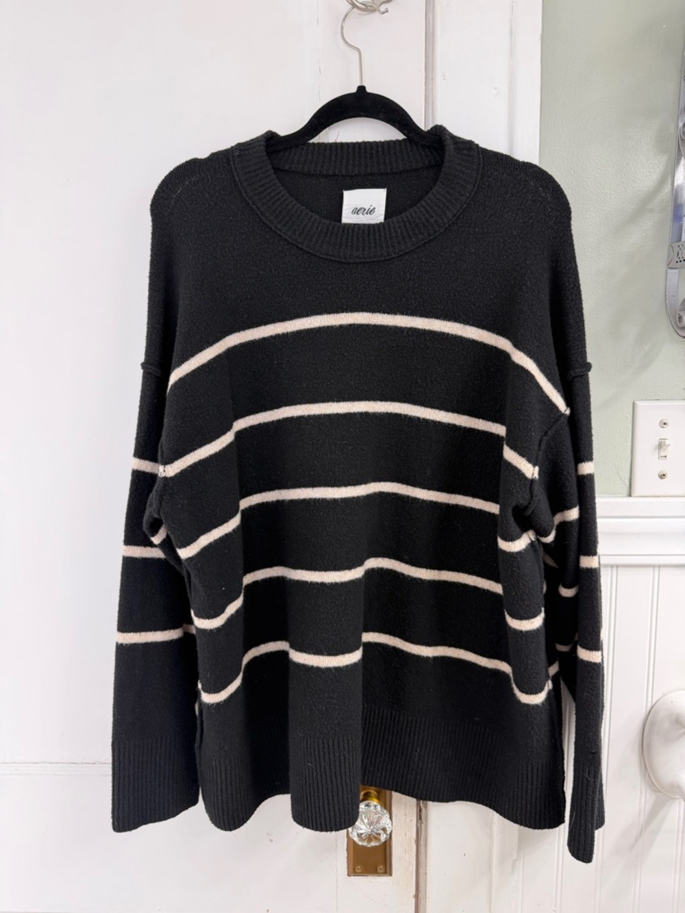 Aerie Black Striped Crewneck Sweater - Large